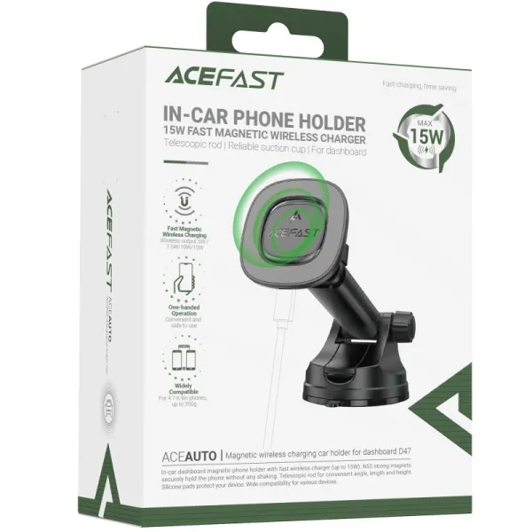 Автотримач з БЗП Acefast D47 Magnetic Charging 15W (center console) — Чорний — фото 2