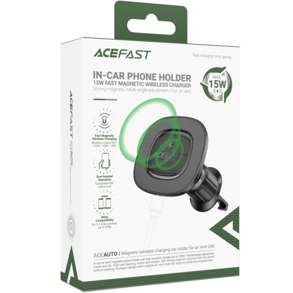 Автотримач з БЗП Acefast D46 QI2 Magnetic Charging 15W (air outlet) — Чорний — фото 2