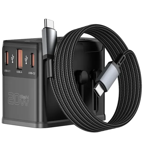 Мережевий універсальний перехідник WIWU UA013 20W GaN + 1USB-A/2C with retractable cable Type-C — Чорний — фото 1 Мережевий універсальний перехідник WIWU UA013 20W GaN + 1USB-A/2C with retractable cable Type-C — Чорний — фото 1