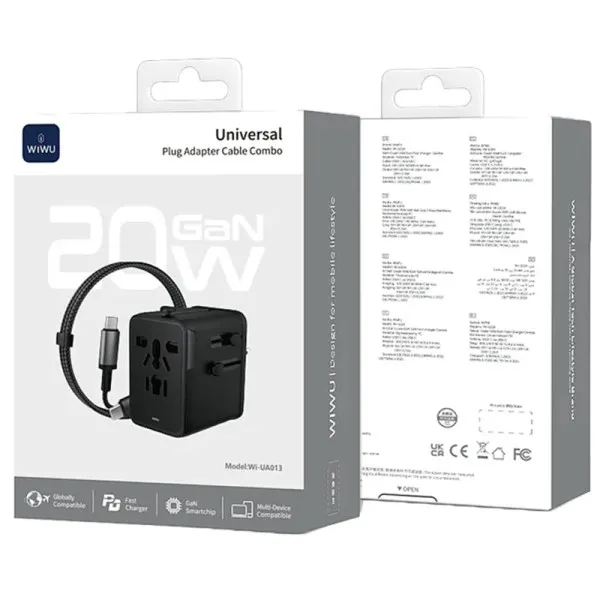 Мережевий універсальний перехідник WIWU UA013 20W GaN + 1USB-A/2C with retractable cable Type-C — Чорний — фото 5 Мережевий універсальний перехідник WIWU UA013 20W GaN + 1USB-A/2C with retractable cable Type-C — Чорний — фото 5
