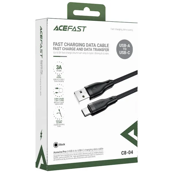 Дата кабель Acefast C8-04 USB to Type-C 3A (1.2m) — Чорний — фото 2