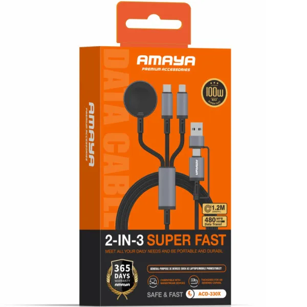 Дата кабель Amaya ACD-330X 6in1 Type-C/USB to iWatch/Lightning/Type-C 100W (1.2m) — Черный — фото 2