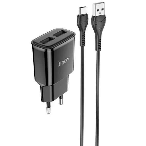 МЗП Hoco C88A Star round 2.4A (2USB-A) + кабель USB to Type-C — Чорний — фото 1