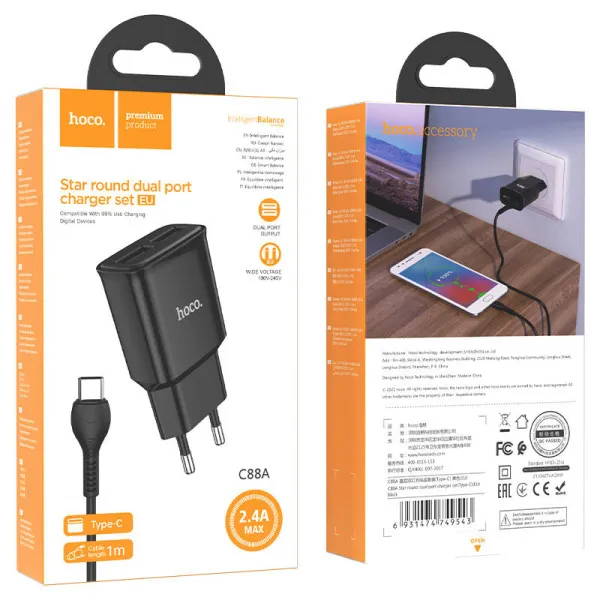 МЗП Hoco C88A Star round 2.4A (2USB-A) + кабель USB to Type-C — Чорний — фото 4