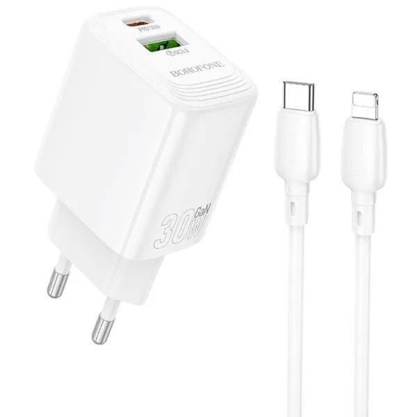 СЗУ Borofone BN29 Fuente PD30W+QC3.0 (1USB-A/1C) + кабель Type-C to Lightning — Белый — фото 1