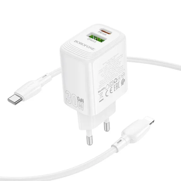 СЗУ Borofone BN29 Fuente PD30W+QC3.0 (1USB-A/1C) + кабель Type-C to Lightning — Белый — фото 3