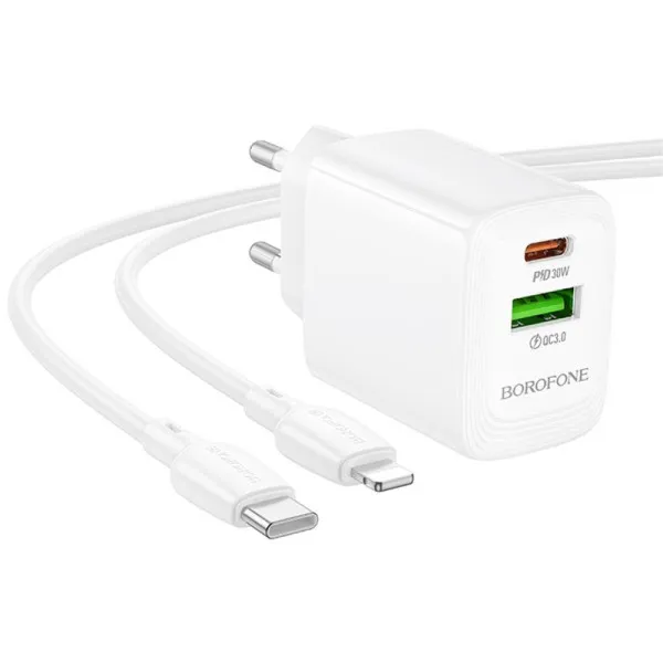 СЗУ Borofone BN29 Fuente PD30W+QC3.0 (1USB-A/1C) + кабель Type-C to Lightning — Белый — фото 4