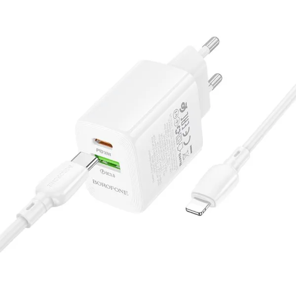 СЗУ Borofone BN29 Fuente PD30W+QC3.0 (1USB-A/1C) + кабель Type-C to Lightning — Белый — фото 5
