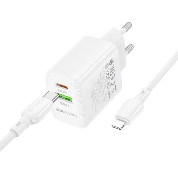 СЗУ Borofone BN27 Fuente PD20W+QC3.0 (1USB-A/1C) + кабель Type-C to Lightning — Белый — фото 4