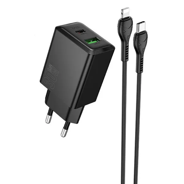 СЗУ Hoco N71 Nuevo PD30W+QC3.0 (1USB-A/1C) + кабель Type-C to Lightning — Черный — фото 1