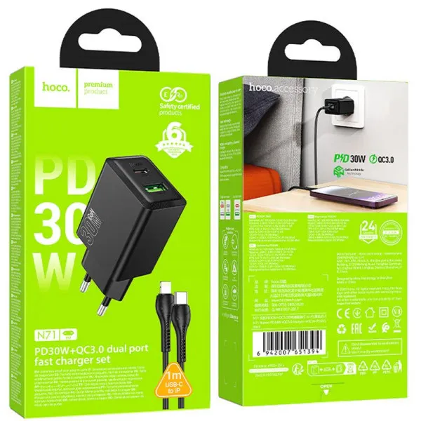 СЗУ Hoco N71 Nuevo PD30W+QC3.0 (1USB-A/1C) + кабель Type-C to Lightning — Черный — фото 2