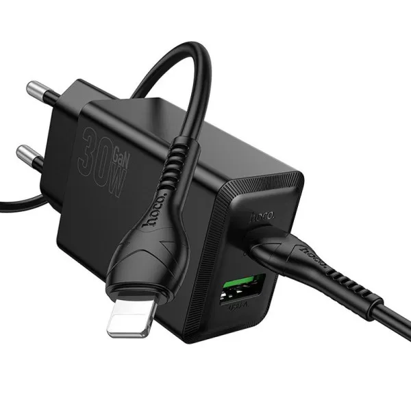 СЗУ Hoco N71 Nuevo PD30W+QC3.0 (1USB-A/1C) + кабель Type-C to Lightning — Черный — фото 3