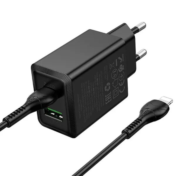 СЗУ Hoco N71 Nuevo PD30W+QC3.0 (1USB-A/1C) + кабель Type-C to Lightning — Черный — фото 4