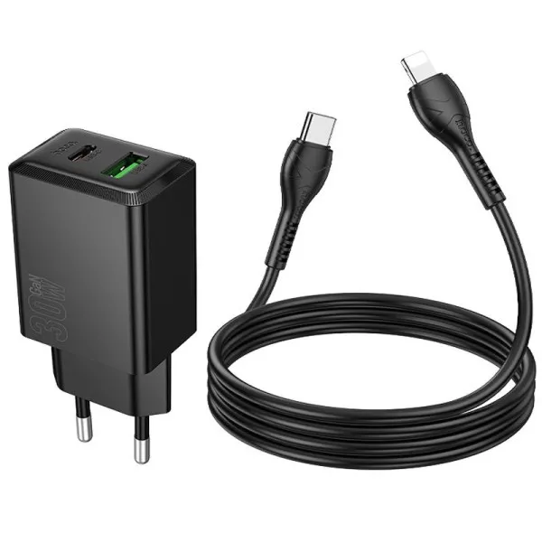 СЗУ Hoco N71 Nuevo PD30W+QC3.0 (1USB-A/1C) + кабель Type-C to Lightning — Черный — фото 5
