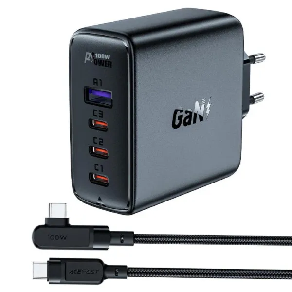 СЗУ Acefast A37 PD100W+QC3.0 GaN (1USB-A/3C) + кабель Type-C to Type-C 2m — Черный — фото 1