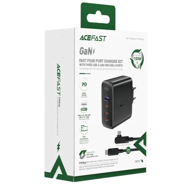 СЗУ Acefast A37 PD100W+QC3.0 GaN (1USB-A/3C) + кабель Type-C to Type-C 2m — Черный — фото 4