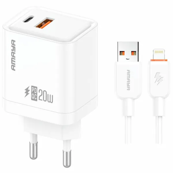 СЗУ Amaya E77D PD20W+QC3.0 (1USB-A/1C) + кабель USB to Lightning — Белый — фото 1