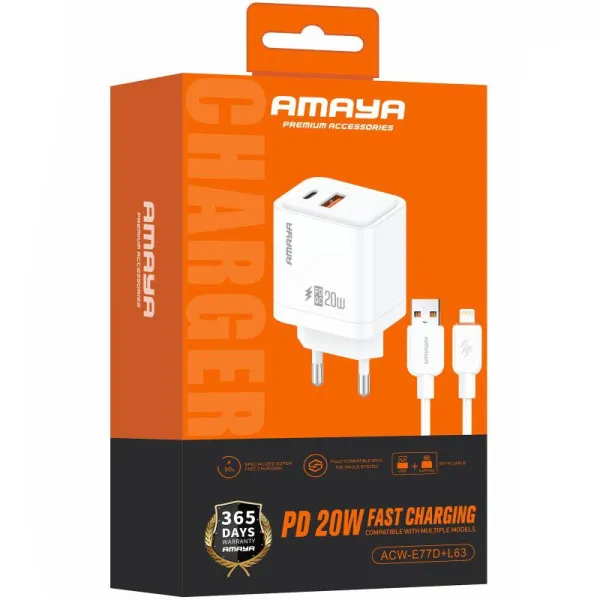 СЗУ Amaya E77D PD20W+QC3.0 (1USB-A/1C) + кабель USB to Lightning — Белый — фото 2