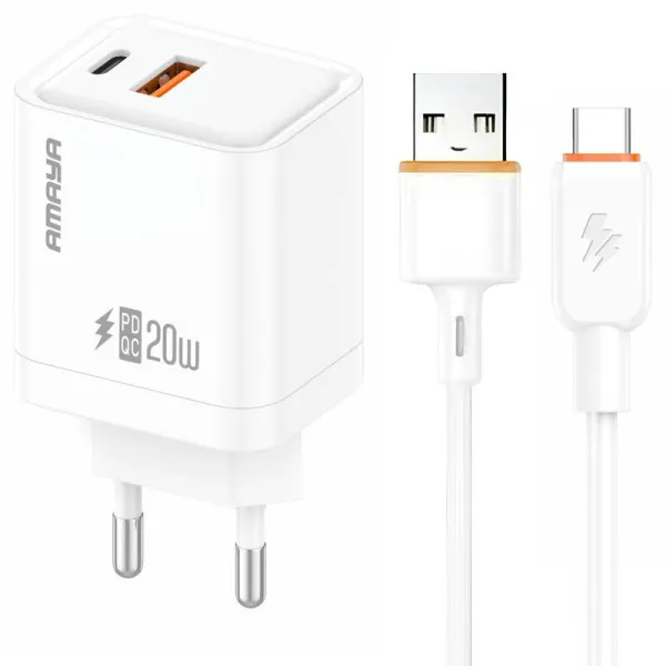 СЗУ Amaya E77D PD20W+QC3.0 (1USB-A/1C) + кабель USB to Type-C — Белый — фото 1