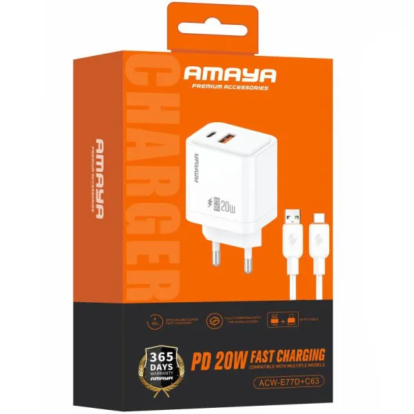 СЗУ Amaya E77D PD20W+QC3.0 (1USB-A/1C) + кабель USB to Type-C — Белый — фото 2