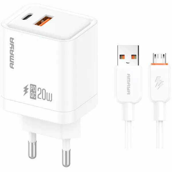 СЗУ Amaya E77D PD20W+QC3.0 (1USB-A/1C) + кабель USB to MicroUSB — Белый — фото 1