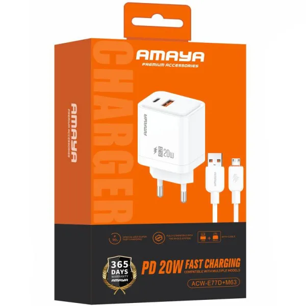 СЗУ Amaya E77D PD20W+QC3.0 (1USB-A/1C) + кабель USB to MicroUSB — Белый — фото 2