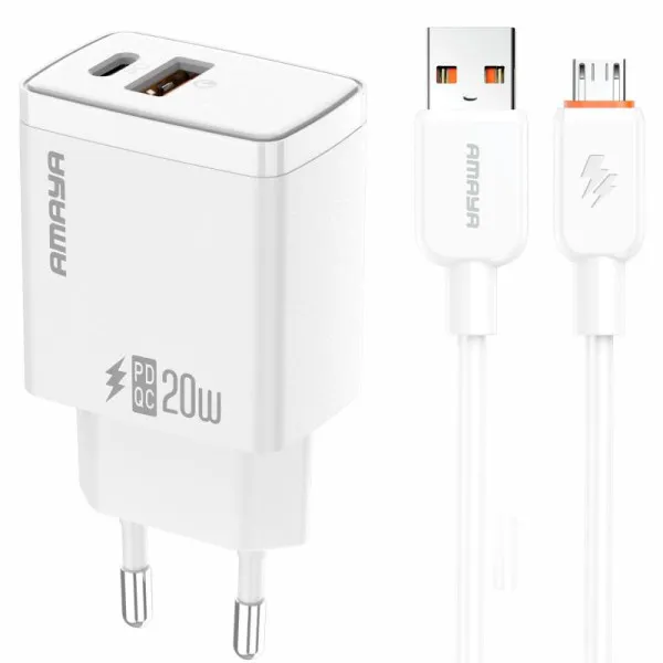 СЗУ Amaya E67D PD20W+QC3.0 (1USB-A/1C) + кабель USB to MicroUSB — Белый — фото 1