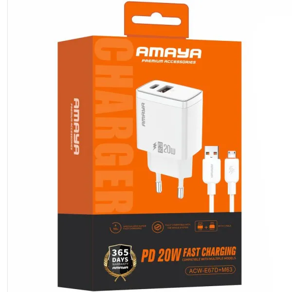 СЗУ Amaya E67D PD20W+QC3.0 (1USB-A/1C) + кабель USB to MicroUSB — Белый — фото 2