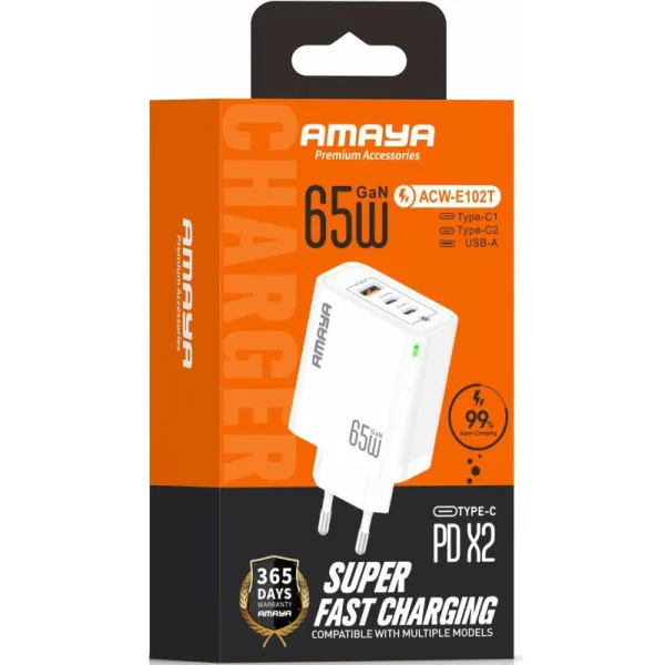 СЗУ Amaya E102T PD65W+QC3.0 GaN (1USB-A/2C) — Белый — фото 2