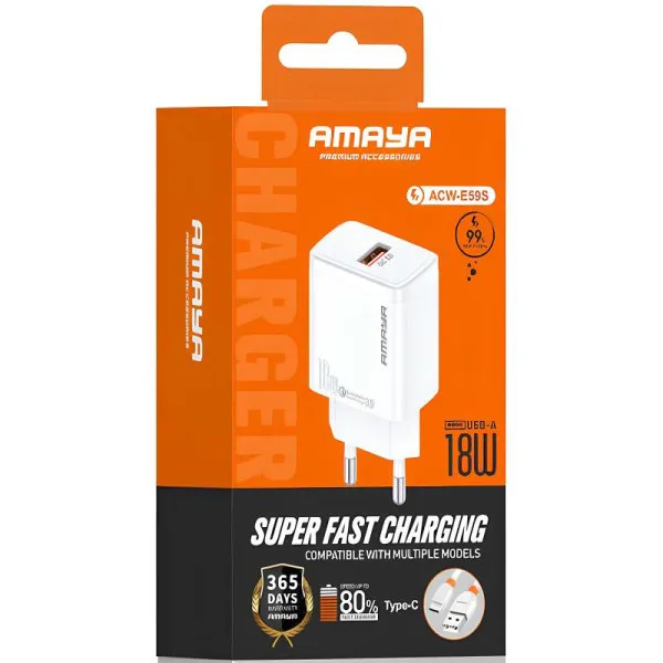 СЗУ Amaya E59S QC3.0 18W (1USB-A) + кабель USB to Type-C — Белый — фото 2 СЗУ Amaya E59S QC3.0 18W (1USB-A) + кабель USB to Type-C — Белый — фото 2