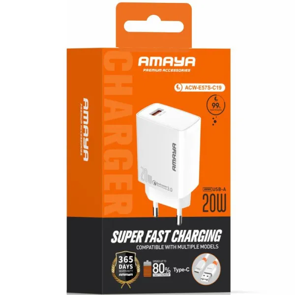 СЗУ Amaya E57S QC3.0 20W (1USB-A) + кабель USB to Type-C — Белый — фото 2