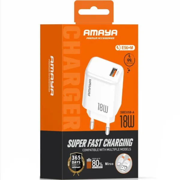 СЗУ Amaya E56 QC3.0 18W (1USB-A) + кабель USB to MicroUSB — Белый — фото 2