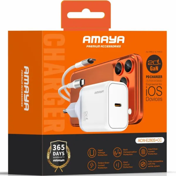 СЗУ Amaya E280S PD20W GaN (1USB-C) + кабель Type-C to Type-C — Белый — фото 2