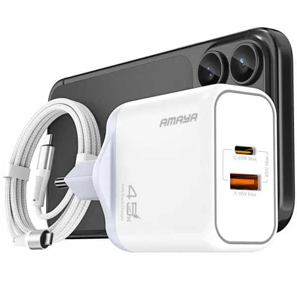 СЗУ Amaya E580T PD45W+QC3.0 GaN (1USB-A/1C) + кабель Type-C to Type-C — Белый — фото 1