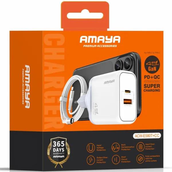 СЗУ Amaya E580T PD45W+QC3.0 GaN (1USB-A/1C) + кабель Type-C to Type-C — Белый — фото 2