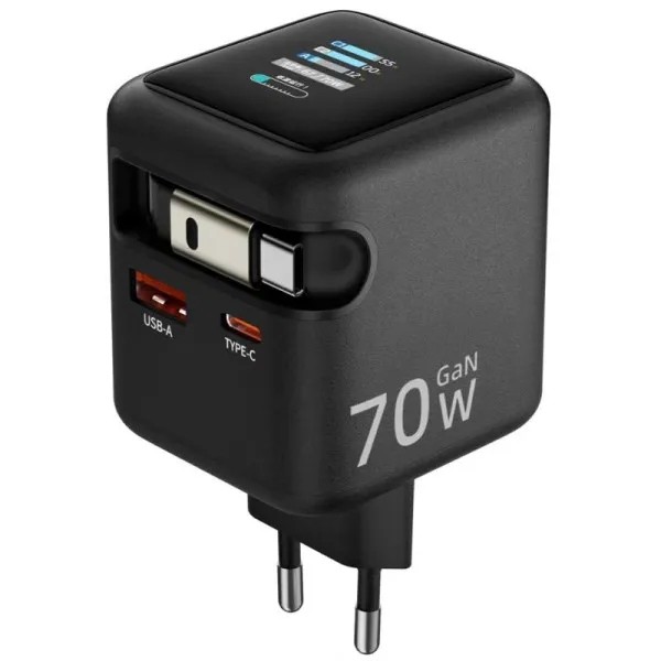 СЗУ Amaya E700D PD70W+QC3.0 GaN (1USB-A/1C) + Retractable Cable Type-C — Черный — фото 1