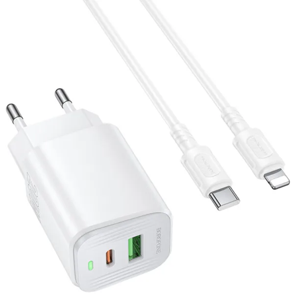 СЗУ Borofone BAS83A Star PD20W+QC3.0 (1USB-A/1C) + кабель Type-C to Lightning — Белый — фото 1