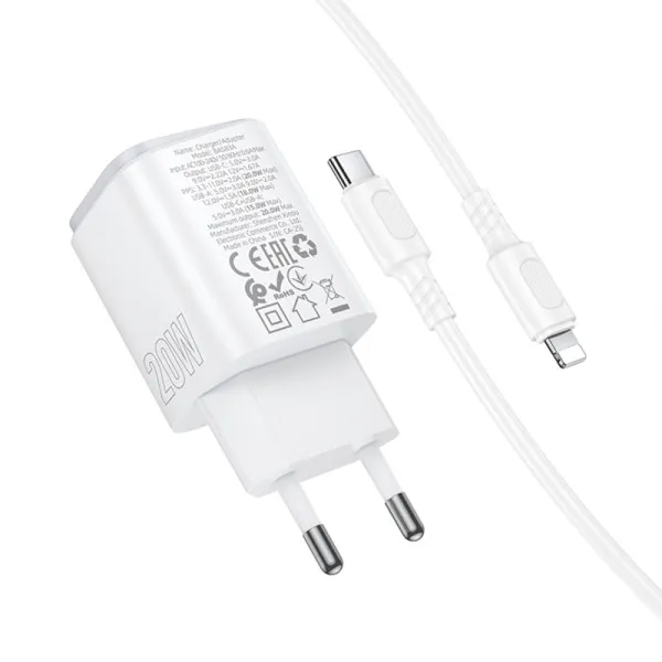 СЗУ Borofone BAS83A Star PD20W+QC3.0 (1USB-A/1C) + кабель Type-C to Lightning — Белый — фото 2