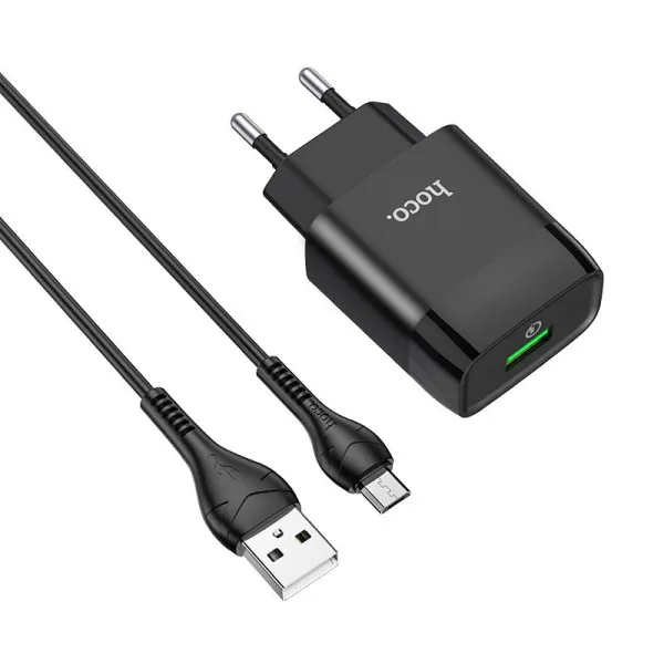 СЗУ Hoco C72Q Glorious QC3.0 18W (1USB-A) + кабель USB to MicroUSB — Черный — фото 1