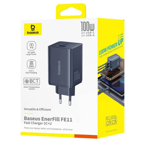 СЗУ Baseus EnerFill FE11 Fast Charger PD100W+QC3.0 (1USB-A/2C) (P101821) — Черный — фото 4 СЗУ Baseus EnerFill FE11 Fast Charger PD100W+QC3.0 (1USB-A/2C) (P101821) — Черный — фото 4