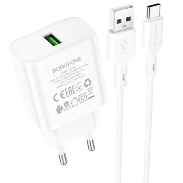 СЗУ Borofone BA72A Spring QC3.0 (1USB-A) + кабель USB to Type-C — Белый — фото 1