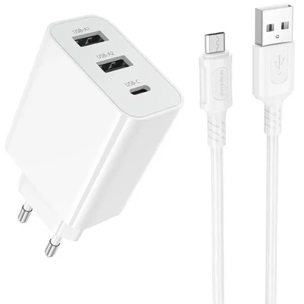 СЗУ Borofone BA105A Stellar 15W (2USB-A/1C) + кабель USB to MicroUSB — Белый — фото 1 СЗУ Borofone BA105A Stellar 15W (2USB-A/1C) + кабель USB to MicroUSB — Белый — фото 1