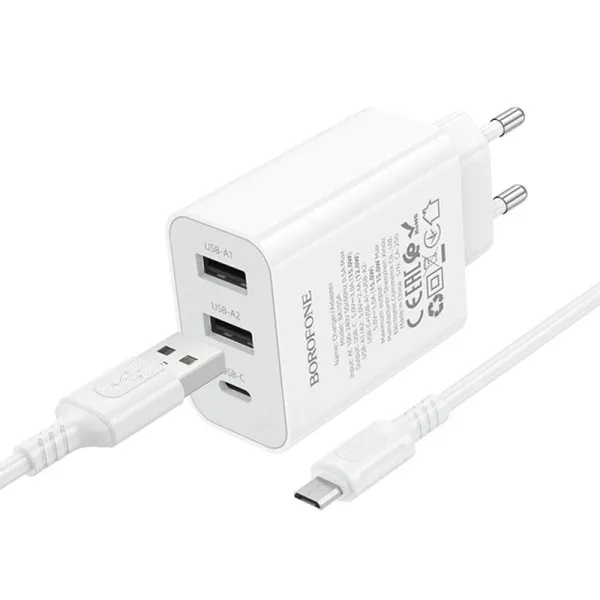 СЗУ Borofone BA105A Stellar 15W (2USB-A/1C) + кабель USB to MicroUSB — Белый — фото 3 СЗУ Borofone BA105A Stellar 15W (2USB-A/1C) + кабель USB to MicroUSB — Белый — фото 3