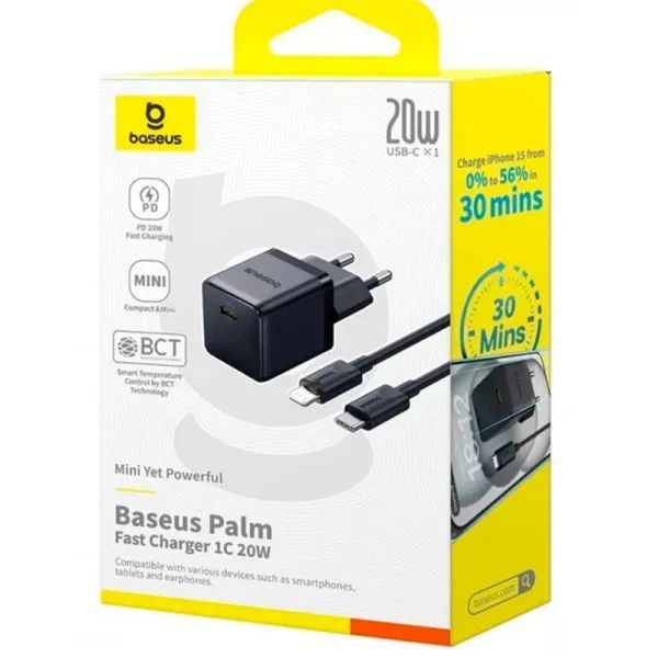 СЗУ Baseus Palm Fast Charger 20W (1USB-C) + кабель Type-C to Lightning (E01164) — Черный — фото 3