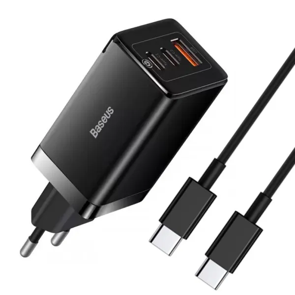 СЗУ Baseus GaN5 Pro PD65W+QC3.0 (1USB-A/2C)  + кабель Type-C to Type-C (CCGP12020) — Черный — фото 1