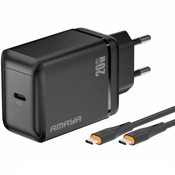 СЗУ Amaya E218S PD20W+QC3.0 (1USB-C) + кабель Type-C to Type-C — Черный — фото 1 СЗУ Amaya E218S PD20W+QC3.0 (1USB-C) + кабель Type-C to Type-C — Черный — фото 1