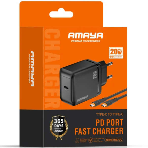 СЗУ Amaya E218S PD20W+QC3.0 (1USB-C) + кабель Type-C to Type-C — Черный — фото 2 СЗУ Amaya E218S PD20W+QC3.0 (1USB-C) + кабель Type-C to Type-C — Черный — фото 2