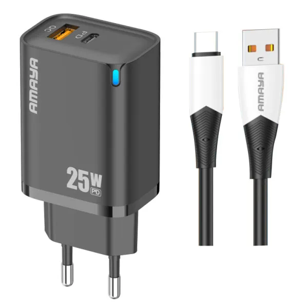 СЗУ Amaya E215D PD25W+QC3.0 (1USB-A/1C) + кабель USB to Type-C — Черный — фото 1 СЗУ Amaya E215D PD25W+QC3.0 (1USB-A/1C) + кабель USB to Type-C — Черный — фото 1