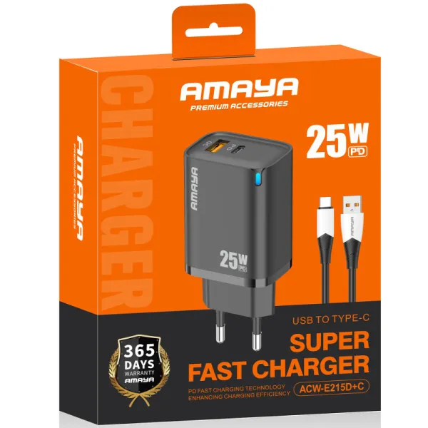СЗУ Amaya E215D PD25W+QC3.0 (1USB-A/1C) + кабель USB to Type-C — Черный — фото 2 СЗУ Amaya E215D PD25W+QC3.0 (1USB-A/1C) + кабель USB to Type-C — Черный — фото 2