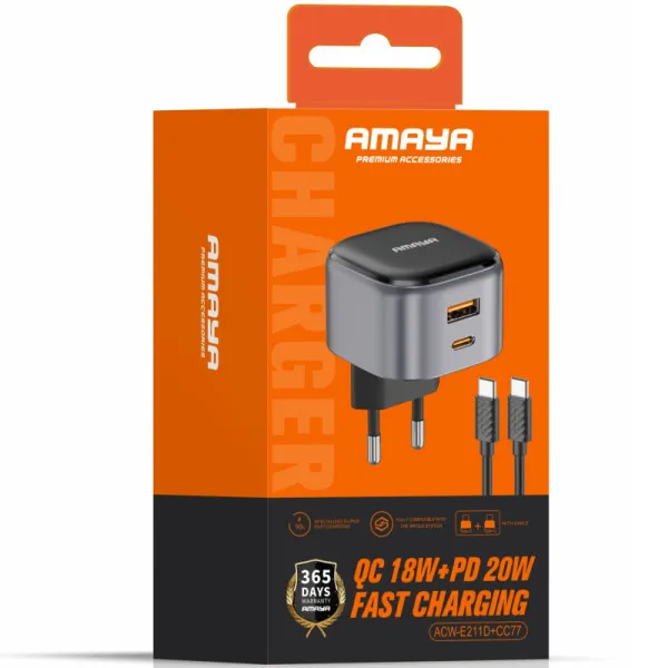 СЗУ Amaya E211D PD20W+QC3.0 (1USB-A/1C) + кабель Type-C to Type-C — Черный — фото 2 СЗУ Amaya E211D PD20W+QC3.0 (1USB-A/1C) + кабель Type-C to Type-C — Черный — фото 2